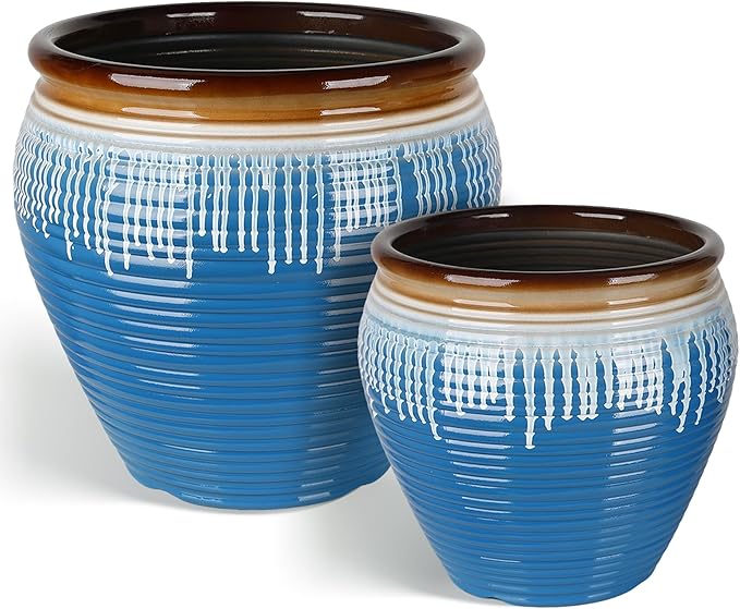 WORTH Clay-Pot-Style Plastic Planters Set of 2 (Large: 17"Dia x 16"H & Small: 13"Dia x 13"H), Blue-Glazed Plant Pot, Round Lightweight Flower Pots with Drainage Hole & Plug for Indoor & Outdoor Use