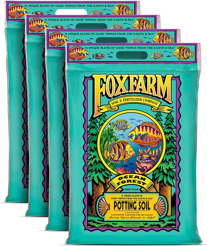 FoxFarm Ocean Forest Potting Soil for Container Gardens - Light, Aerated Texture with Fish Emulsion, Crab Meal, Earthworm Castings - Houseplant Potting Mix for Seedlings & Plant Starts - 4 x 12 Quart