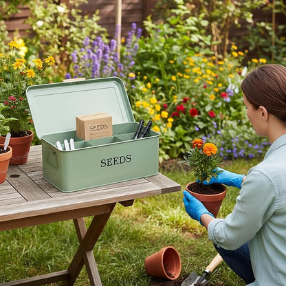 Seed Storage Organizer,Metal Seed Saving Box with Lid,4 Compartments Box with Safety Locks,Garden Supplies Container with 20 Plant Labels 50 Saving Envelopes 2 Marker Pens,Green