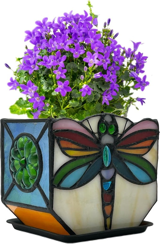 Handcrafted Stained Glass Dragonfly Planter, Decorative Indoor Flower Pot, Succulent Pots with Drainage, Gifts for Plant Lovers