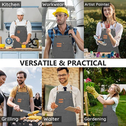 Canvas Aprons, Kitchen Chef Aprons, Work Aprons for Men Women, Adjustable Strap Aprons with 3 Pockets
