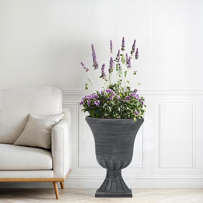 22" Large Urn Planters Set of 2, Washed Black Planters for Indoor Outdoor Plants, Versatile Outdoor Flower Pots w/Drainage Holes for Balcony, Patio, Garden, Porch & Living Room Decor