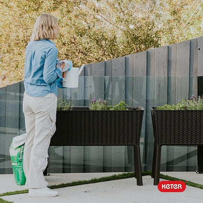 Keter Splendor 31.7 Gallon Raised Garden Bed with Self Watering Planter Box and Drainage Plug-Perfect for Growing Fresh Vegetables, Flowers and Herbs, Brown