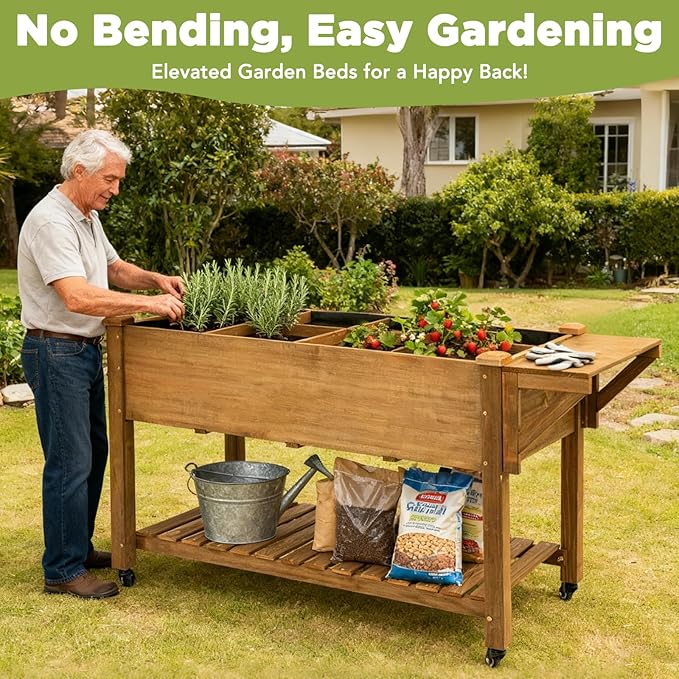 PetsCosset Raised Garden Bed with Wheels, Storage Shelf, Protective Liner, Table Ledge,Outdoor Garden Bed with Legs for Vegetable, Herb, and Flower Cultivation (with Wheels)