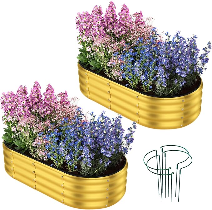 Garden Box Raised Flower Bed Galvanized Metal Planter Round Raised Garden Bed Kit for Gardening Outdoor 2PC Gold 4X2X1FT