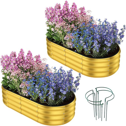 Garden Box Raised Flower Bed Galvanized Metal Planter Round Raised Garden Bed Kit for Gardening Outdoor 2PC Gold 4X2X1FT