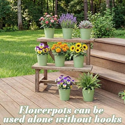 HowRU Hanging Flower Pots, Railing Planter Box for Outdoor Plants 12 Pack 5 Inch Metal Hanging Planters with Detachable Hooks Balcony Window Fence Garden Decoration Flower Boxes (Green)