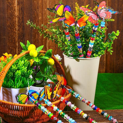 Tigeen 236 Pcs Garden Stake DIY Fairy Wand Plant Stake with 12 Colorful Crystal Stopper Top 12 Threaded Rod with 200 Large Hole Bead for Spring Summer Holiday Outdoor Decorations(Butterfly)