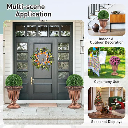 Giantex 18" Tall Vintage Planters Set of 2, Urn Plastic Flower Pots with/Pedestal Base & Pre-Marked Drain Hole, Indoor Outdoor Decorative Plant Containers for Front Porch Home Wedding, Bronze
