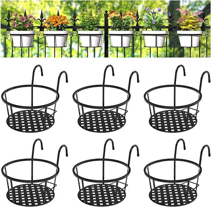 CADANI Iron Hanging Plant Holder Over The Rail Metal Fence Planters, Hanging Bucket Flower Pot Holder for Patio Balcony Outdoor Plants - Pack of 6 (Black)