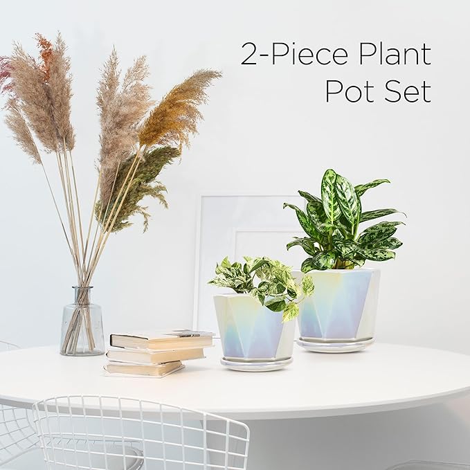 Coco Andrea Ceramic Plant Pots for Indoor Plants with Drainage & Saucers - 5-inch Iridescent White Planters for Houseplants, Succulents & Flowers - 2-Piece Housewarming Gift Set (2, Large)