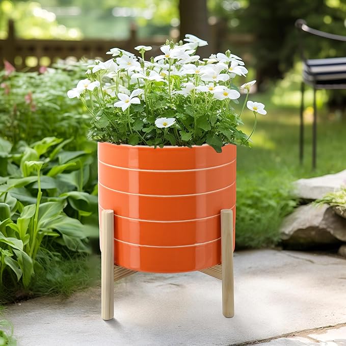 Striped Ceramic Planters with Wooden Stand as Home Decor - Flower Pots for Entryway, Patio, Tabletop, and Garden - Large Colorful Decorative Pots for Indoor and Outdoor Plants - 14", Orange & Tan