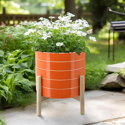 Striped Ceramic Planters with Wooden Stand as Home Decor - Flower Pots for Entryway, Patio, Tabletop, and Garden - Large Colorful Decorative Pots for Indoor and Outdoor Plants - 14", Orange & Tan