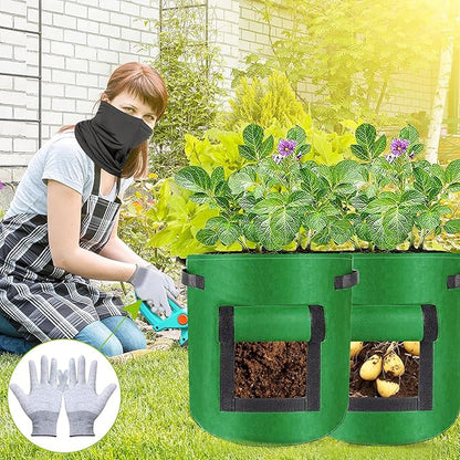NUNET 7 Gallon Potato Grow Bags w. Double-Sided Straps, Gloves w. Claws, Neck Gaiter Mask, Heavy Duty Thickened Nonwoven Fabric Pots w. Handles, Durable Breathable Plant Container for Vegetables