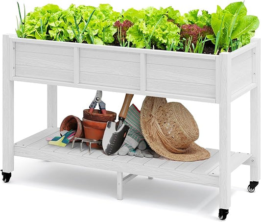 DWVO 47x18x3in Raised Garden Bed HDPE Outdoor with Legs and Lockable Wheels, Weather-Resistant Poly-Wood Elevated Planter Box, Double Tier Planters for Backyard Patio Balcony, White