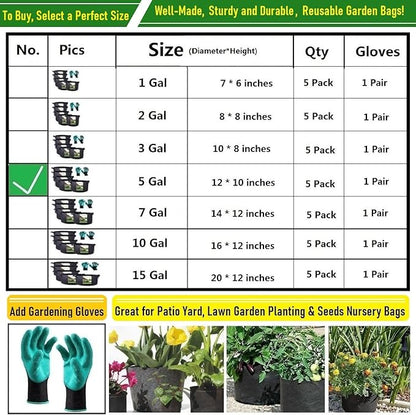 5-Pack 5 Gallon Thickened Plant Grow Bags (12x10 inch) Fabric Plant Pots for Flower Pot,Potato Tomato Planters,Herbs Veggies Planter Bag,Garden Pot,Barrel Planter,Plant Container with Gardening Gloves