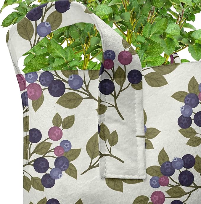 Lunarable Berries Grow Bags 5-Pack, Vintage Garden Branches, Heavyduty Fabric Pots with Handles for Plants, Ivory Purple