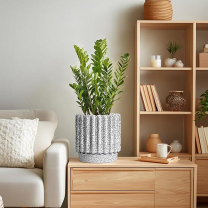 Ceramic Pots for Plants - 7.6 Inch Ceramic Planter with Drainage Hole, Round Flower Pots for Indoor Plants, Fluted Planter Outdoor, Garden Decor, Birthday Gifts, Black and White
