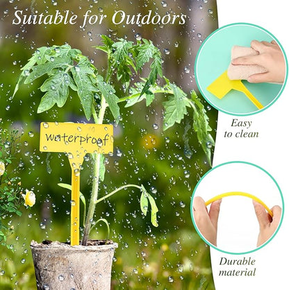 202 Pcs Large Plant Labels Kit, Include 100 Outdoor Plastic Plant T Type Tags Waterproof Reusable Plant Markers Stakes, 100 PET Films and 2 Marker Pens for Garden Herbs Flowers Pot (Yellow, 11.8 Inch)