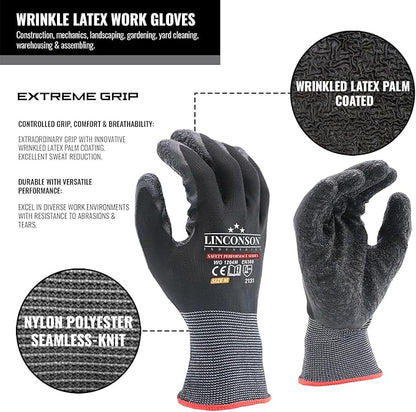 linconson 12 Pack Safety Performance Series Construction Mechanics Wrinkle Latex Work Gloves