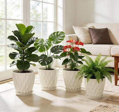 8 Inch Plant Pots, 4 Pack Plastic Planters for Indoor Outdoor with Drainage Holes & Saucers, Waffle Texture Flower Pots for Indoor Plants, Indoor Plant Pots for Monstera, Fiddle Leaf Fig, White