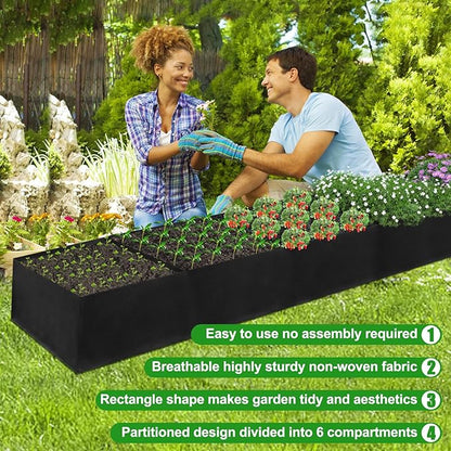 2Pack 12x2x1ft Fabric Raised Garden Bed - 6 Grids Plant Grow Bags, Outdoor Planter Box Non-Woven Fabric Patio Planting Bed Garden Grow Bed Bag for Growing Herbs, Flowers and Vegetables