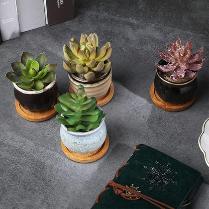Remerry 18 Pcs Small Succulent Pots Bulk with Drainage 2.5 Inch Assorted Mini Ceramic Succulent Planters Pot with Coaster Bamboo Plant Tray Planting Pots for Home Office Garden
