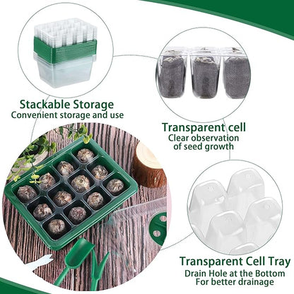 10 Sets Seed Starter Tray Kit Seed Starter Trays with Humidity Dome and Base Include 120 Peat Pellets 200 Plant Labels Garden Tools Plant Germination Tray Set for Indoor Outdoor Planting, Green