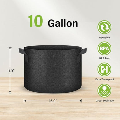 HealSmart Plant Grow Bags 10 Gallon, Tomoato Planter Pots 10-Pack with Handles, Aeration Nonwoven Fabric, Heavy Duty Gardening Planter for Vegetable, Herbs and Flowers, Black 2024 Version