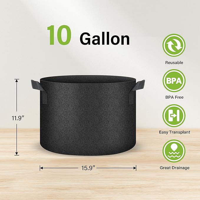 HealSmart Plant Grow Bags 10 Gallon, Tomoato Planter Pots 5-Pack with Handles, Aeration Nonwoven Fabric, Heavy Duty Gardening Planter for Vegetable, Herbs and Flowers, Black 2024 Version