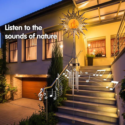 Solar Sun Wind Chimes Outdoor with Flame, Waterproof Wind Bells Light with Crackle Glass Ball for Outside, Clearance Unique Gifts for Mother's Day, Mom, Women, Girls, Yard, Garden, Party Decor