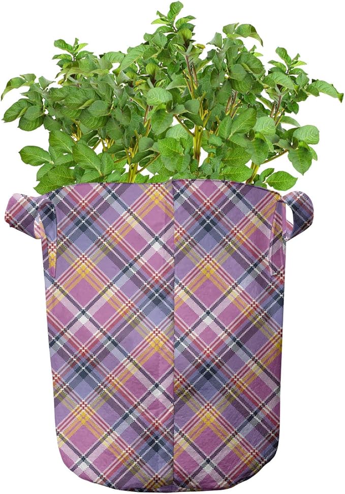 Ambesonne Purple Grow Bags 5-Pack, Checked Tartan Plaid Layout, Heavyduty Fabric Pots with Handles for Plants, Purple Pink