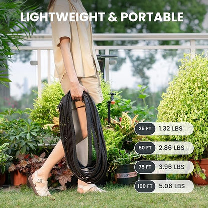 Giraffe Tools Garden Hose 25FT Lightweight Lay Flat Water Hose Kink Free Flexible Hose with 9 Spray Function Nozzle（Black）