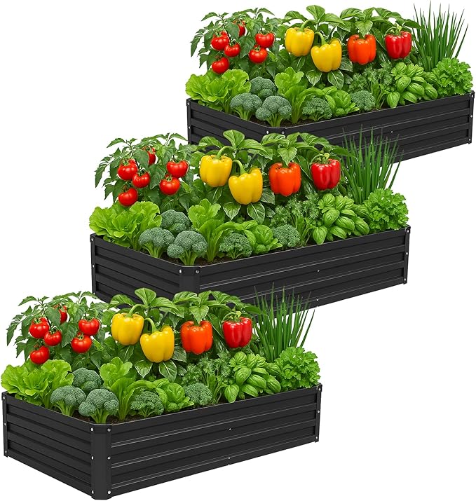 3 Pack 6x3x1FT Galvanized Raised Garden Bed Kit, Outdoor Metal Planter Box for Vegetables, Bottomless Rectangular Gardening Bed with Support Rods, Tool-Free Assembly, Black