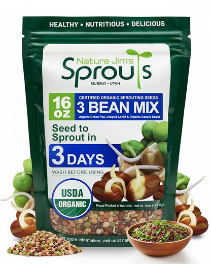 Nature Jim's Sprouts 3-Bean Seed Mix - Organic Green Peas, Lentils & Adzuki Beans for Planting - Non-GMO Microgreen Sprout Seeds, Fast Sprouting, High in Fiber, Protein, Nutrients & Vitamins - 16 Oz