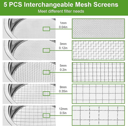 Soil Sieve Stainless Steel Riddle Sieve Set, 9.5" Diameter, Garden Sifter with 5 Filter Mesh Sizes 1,3,5,9,12mm and Bonsai Soil Scoops Gardening Tool