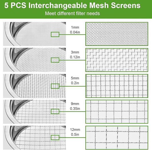 Soil Sieve Stainless Steel Riddle Sieve Set, 9.5" Diameter, Garden Sifter with 5 Filter Mesh Sizes 1,3,5,9,12mm and Bonsai Soil Scoops Gardening Tool