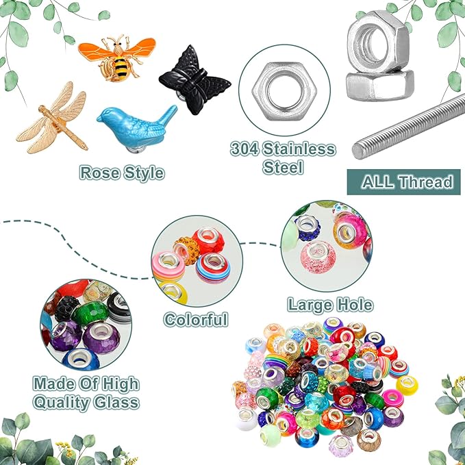 Tigeen 236 Pcs Garden Stake DIY Fairy Wand Plant Stake with 12 Colorful Crystal Stopper Top 12 Threaded Rod with 200 Large Hole Bead for Spring Summer Holiday Outdoor Decorations(Dragonfly Bird Bee)