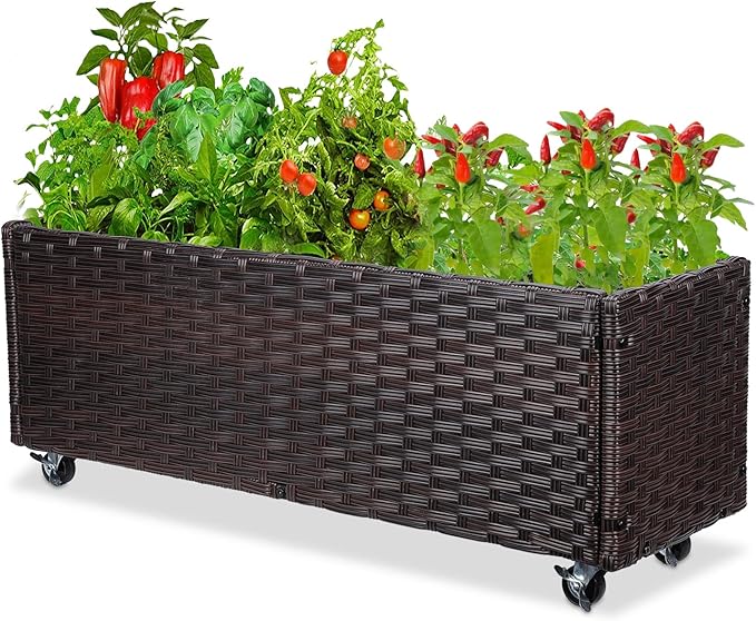 Raised Garden Bed - Garden Planters Box with Wheels, Rattan Patio Raised Beds for Gardening, Indoor Outdoor Planters 3.1FT Save Space…