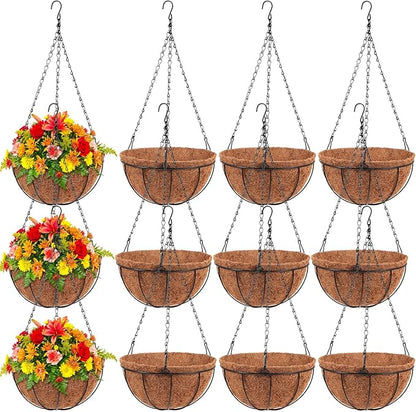 Dandat 12 Pack 10 Inch Metal Hanging Planter Basket with Coconut Coir Liner Metal Wire Plant Holder Chain Watering Outdoor Hanging Pots Flower Pot Hanger for Porch Indoor Outdoor Garden Decorations