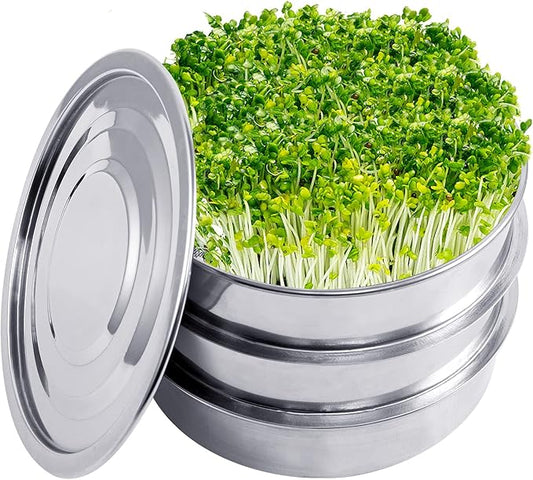 Aulock Stainless Steel Seed Sprouting Kit - 3-Tier Microgreens Growing Tray 7.9 in Dia, Stackable Round Sprouter Maker with Encrypted Mesh, Sprouts Grower for Beans Broccoli Alfalfa Seeds Wheat Grass