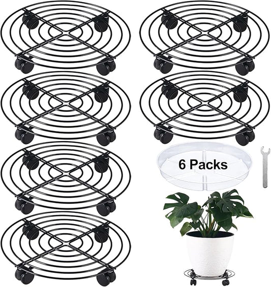6 Packs 12 Inches Large Metal Plant Caddy with Wheels Rolling Plant Stands Heavy-duty Wrought Iron Plant Roller Base Pot Movers Plant Saucer on Wheels Indoor Outdoor Plant Dolly with Casters Planter Tray Coaster