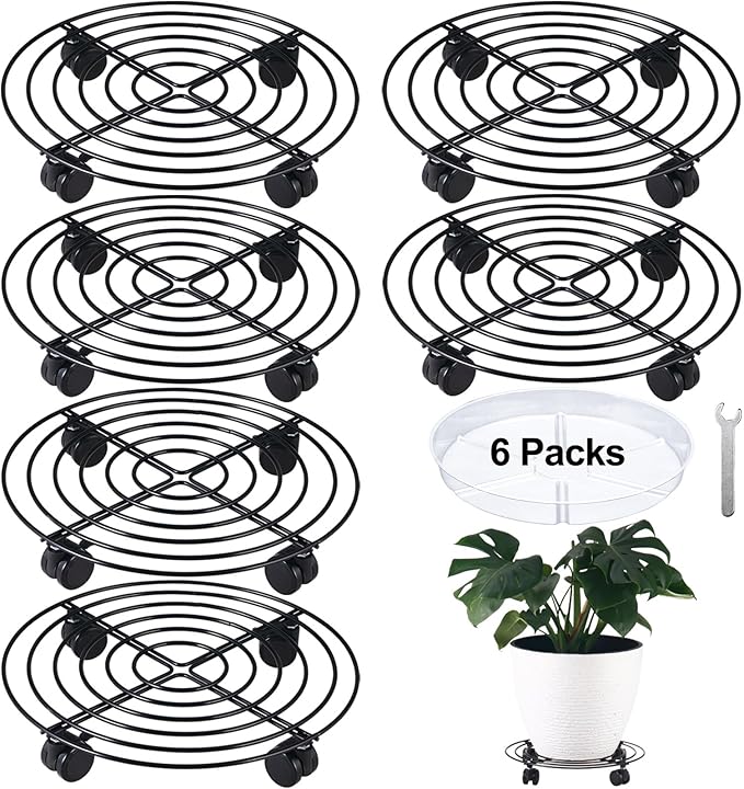 6 Packs 14 Inches Large Metal Plant Caddy with Wheels Rolling Plant Stands Heavy-duty Wrought Iron Plant Roller Base Pot Movers Plant Saucer on Wheels Indoor Outdoor Plant Dolly with Casters Planter Tray