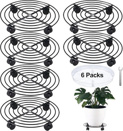 6 Packs 13 Inches Large Metal Plant Caddy with Wheels Rolling Plant Stands Heavy-duty Wrought Iron Plant Roller Base Pot Movers Plant Saucer on Wheels Indoor Outdoor Plant Dolly with Casters Planter Tray