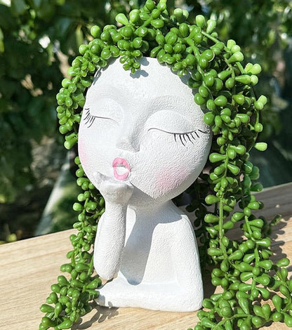 Cute Head Planter/Face Planters for Indoor Outdoor Plants, with Drainage Hole, Lady Head Planters Pot, Resin Succulent Planter (White)