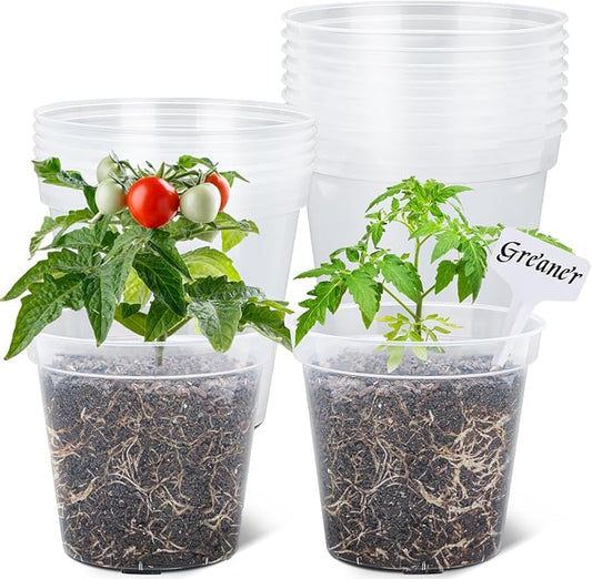 GREANER 6 Inch Nursery Pots, 15 Packs Clear Seeding Pots, Reinforced Plastic Nursery Pots with Drainage Holes, Transparent Garden Pots Planter for Indoors Outdoor Plants(20 Pcs Plant Labels)
