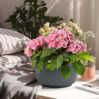 T4U 10 Inch Self Watering Pots for Indoor Plants, Plastic Plant Pots with Drainage Hole, Large Flower Pots for Indoor Outdoor Plants Cactus, Garden, Set of 2, Gray