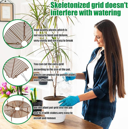 4 Pcs Plant Pot Grid,20.5 Inch 11.8 Inch Soil Protector Covers Cuttable Flower Pot Grid,Cat Digging Stopper Baby Safety Plant Pot Cover with Stakes for Indoor Outdoor