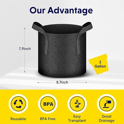 iPower 20-Pack 2 Gallon Grow Bags 300G Thick Nonwoven Aeration Fabric Pots Heavy Duty Plant Containers with Handles for Garden Planting, Black