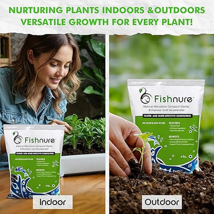 Fishnure - Odor-Free Natural Microbial Compost Starter, 1 4-lb Bag for 1000 lb Compost That Can Be Used as Fertilizer for Potting Soil Indoor Plants & Outdoor Plant Soil, Gardening Essentials